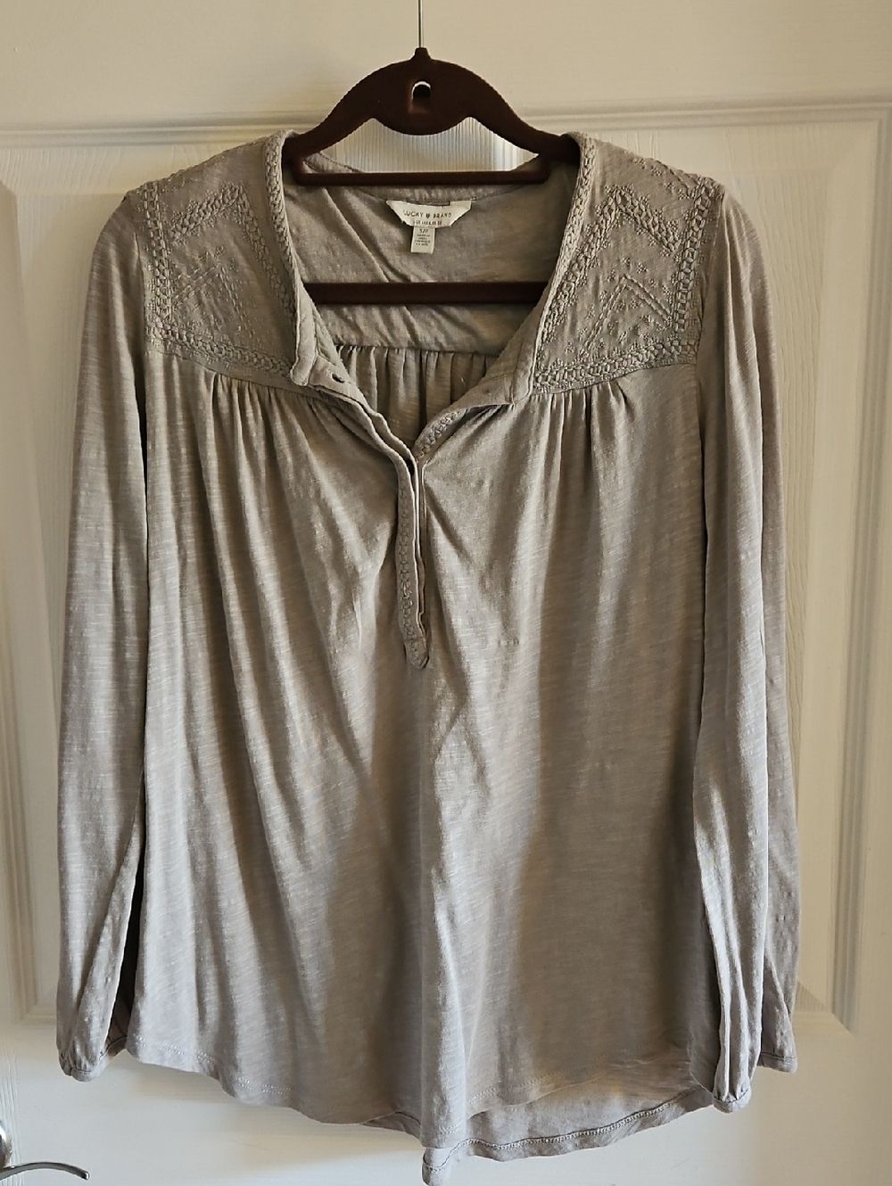 Lucky Brand Gray Embroidered Y-Neck Long Sleeve Top